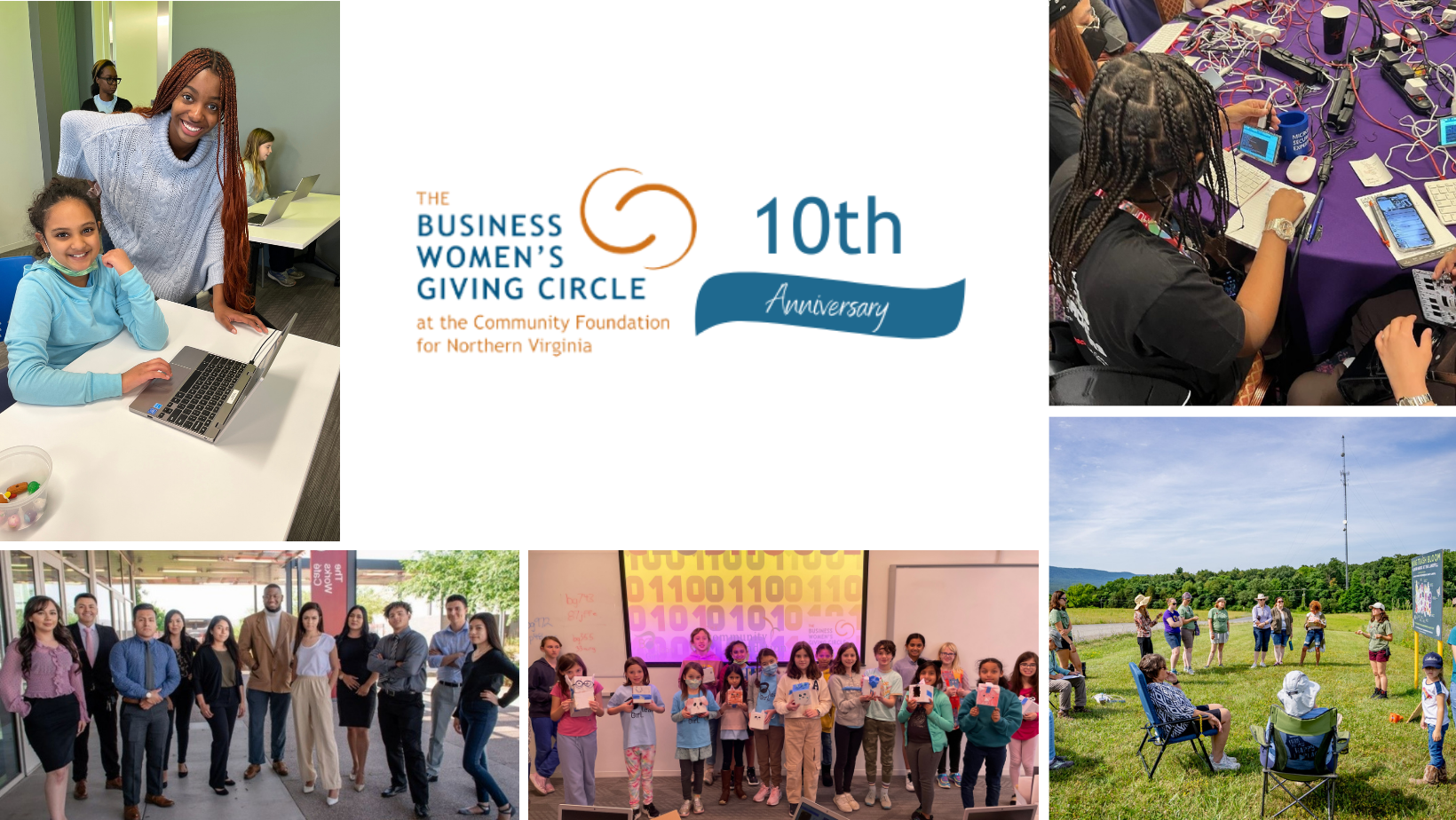 A photo collage of recent BWGC grantees including Boolean Girl, Sustainability Matters, Black Girls Hack, and others. There is a 10 year anniversary logo in the top center of the image.